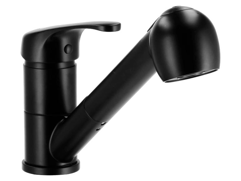 Robinet de cuisine noir mat avec douchette extractible.