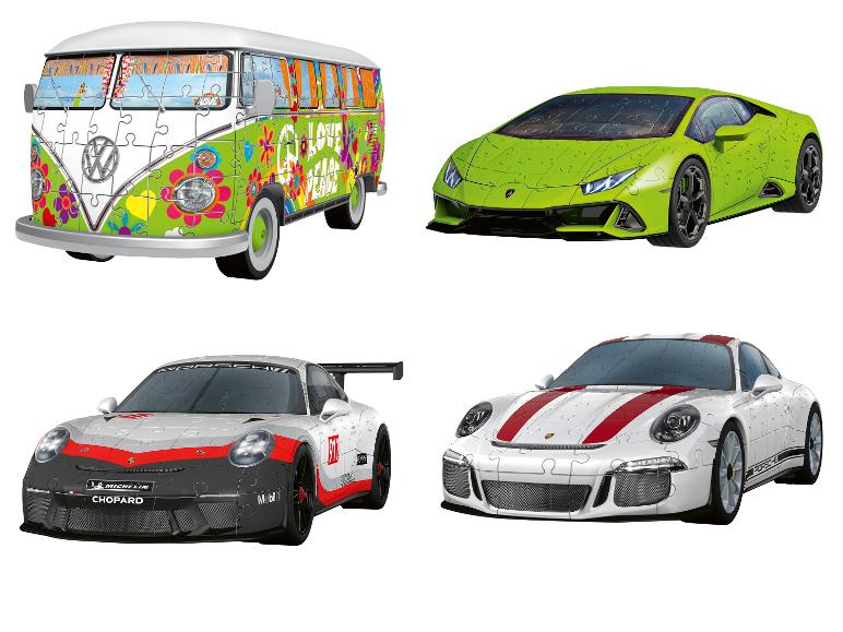 Quatre puzzles 3D de voitures : un bus VW, une Lamborghini verte et deux Porsche.