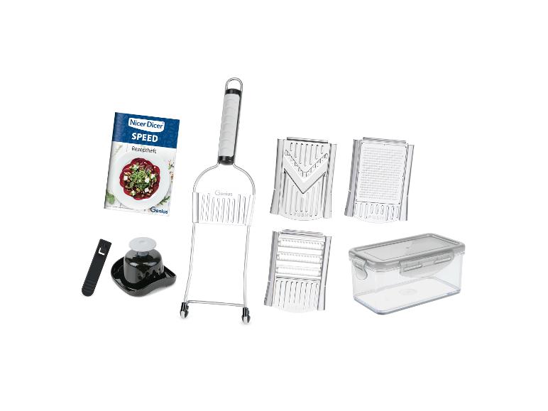 Ensemble Nicer Dicer Speed avec râpes, livre de recettes et boîte de rangement.