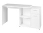 Bureau blanc avec un tiroir, une étagère et un espace de rangement.