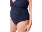 Maillot de bain une pièce bleu marine, style cache-cœur, détail froncé.
