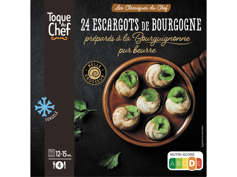 Escargots de Bourgogne surgelés préparés à la Bourguignonne au pur beurre.