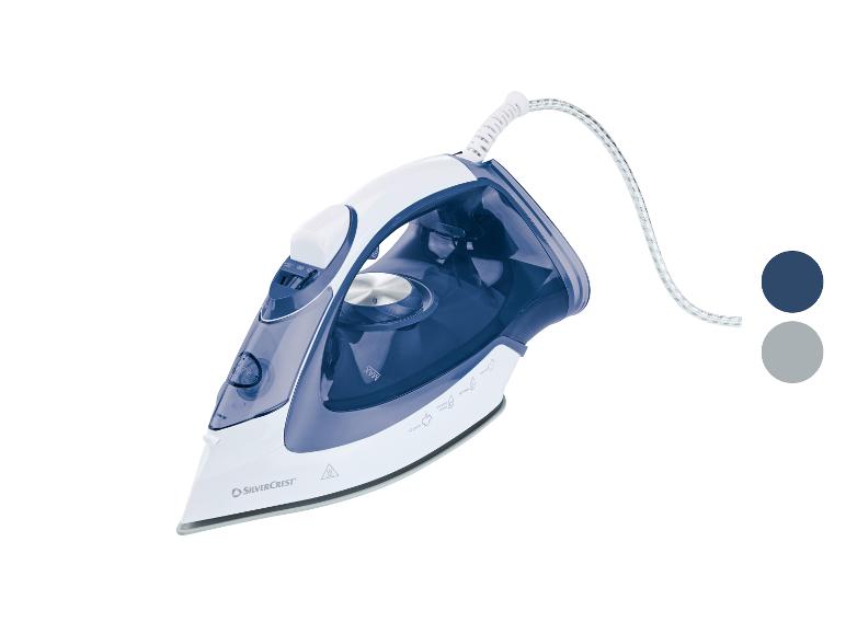 Fer à vapeur blanc et bleu avec cordon et échantillons de couleurs.