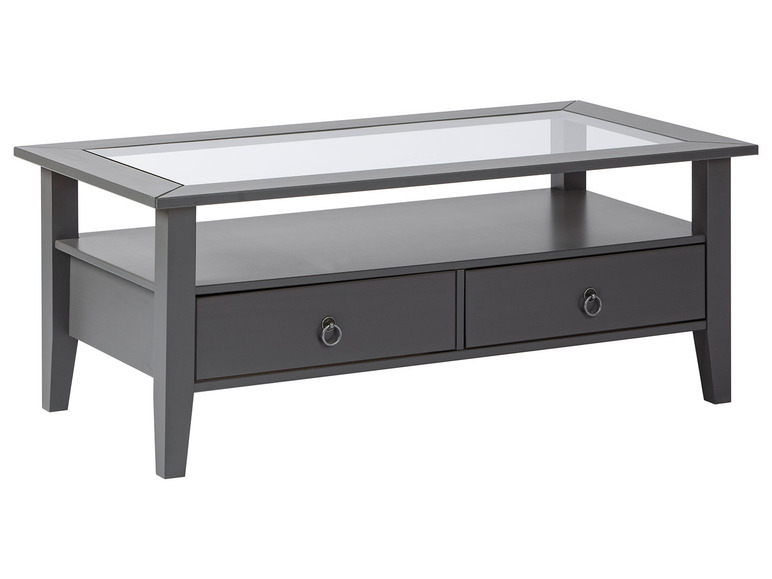 Table basse grise avec plateau en verre et deux tiroirs.