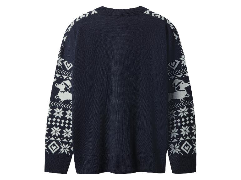 Pull tricoté bleu marine avec motif de chien et flocons de neige