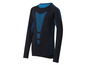 Un t-shirt à manches longues noir avec des détails bleus.