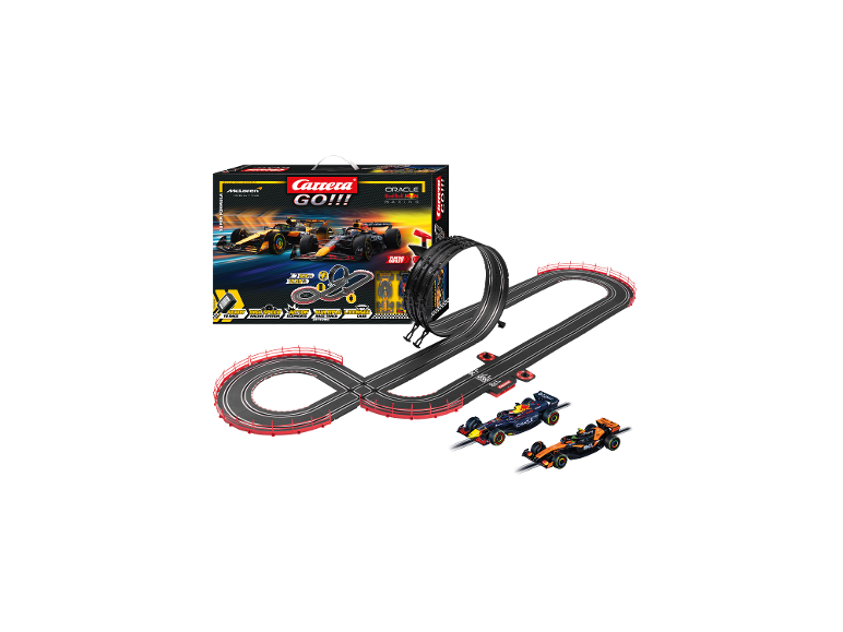 Circuit de course CARRERA Super Formula avec boîte, piste et deux voitures miniatures.