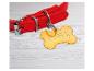 Un collier rouge pour chien avec une médaille d'os dorée avec le nom 'Fluffy'.