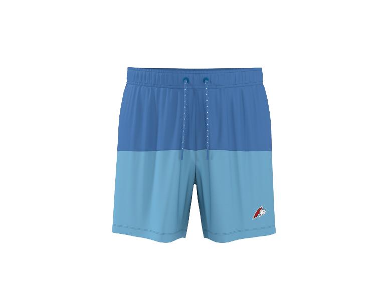 Short de sport bicolore bleu et bleu clair avec cordon de serrage et logo sur le côté.