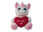 Une licorne en peluche blanche tenant un cœur rouge avec l'inscription 'Love'.