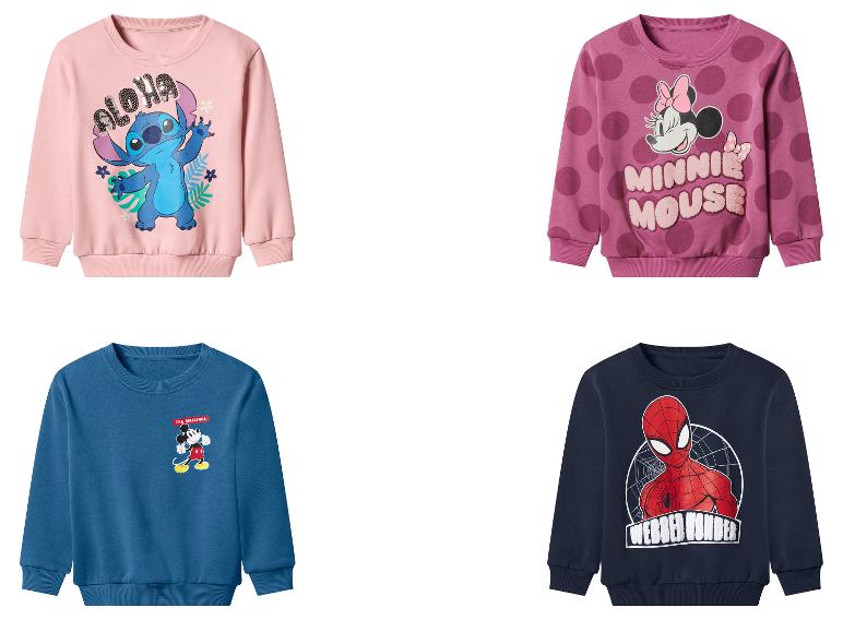 Sweat-shirts pour enfants avec imprimés Stitch, Minnie Mouse, Mickey Mouse et Spider-Man.