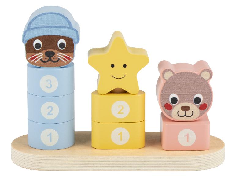 Jouet de tri en bois avec trois colonnes d'animaux et de blocs numérotés.
