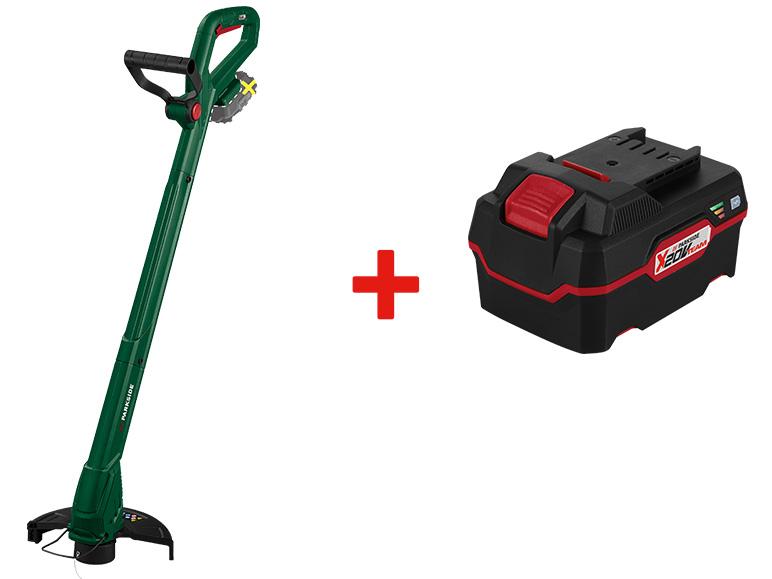 Coupe-bordures sans fil vert et batterie rechargeable noire avec des détails rouges.