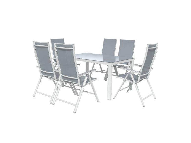 Ensemble table et six chaises pliantes grises et blanches pour extérieur.