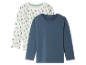 Deux t-shirts à manches longues pour enfants : un avec un motif gouttes et un autre uni bleu.