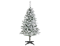 Sapin de Noël artificiel enneigé avec support, sur fond noir.