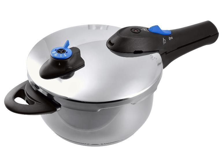 Autocuiseur de cuisine en acier inoxydable avec poignée noire et valve de contrôle bleue.