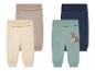 Ensemble de trois pantalons bébé : beige, bleu marine et vert clair avec kangourou.