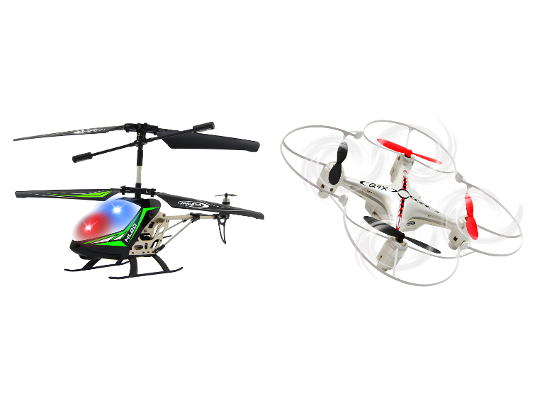 Hélicoptère et quadrocoptère JAMARA sur fond blanc.