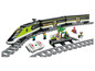Ensemble de train LEGO avec un train à grande vitesse vert, des rails et une télécommande.