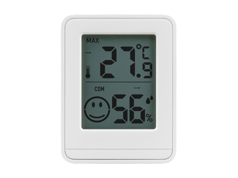 Thermomètre et hygromètre numérique blanc avec écran LCD, affichant 27.9°C et 56% d'humidité.