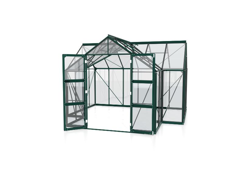 Serre verte avec portes ouvertes sur fond blanc