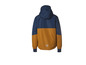Une veste imperméable à capuche bleu et marron.