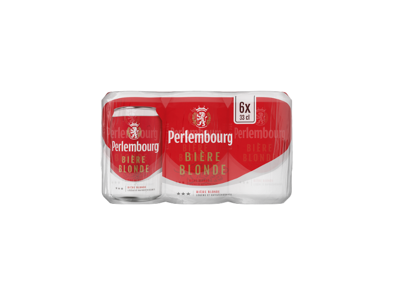 Pack de six canettes de bière blonde de 33 cl dans un emballage rouge et blanc.