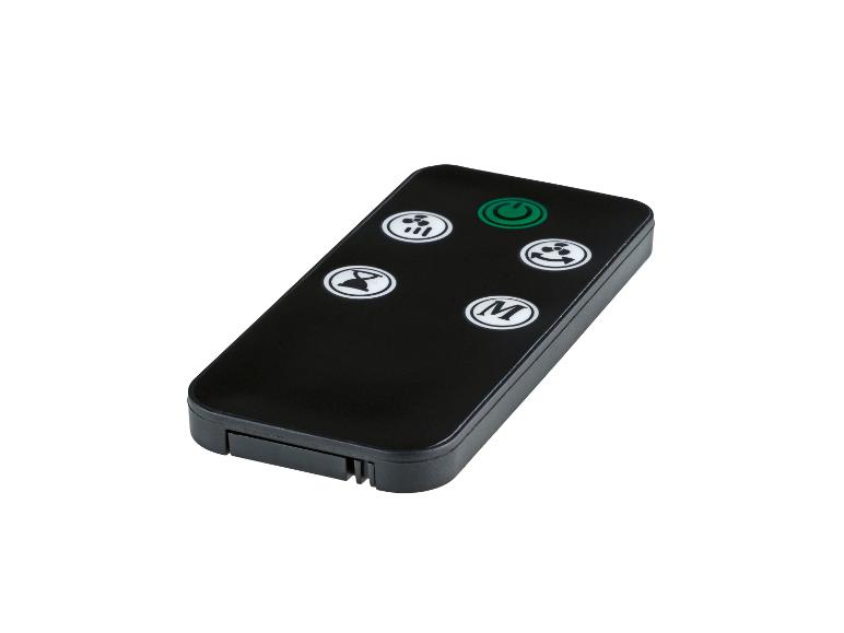 Télécommande noire avec boutons d'alimentation, de ventilateur et de mode.