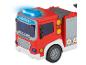 Un camion de pompiers jouet rouge avec des lumières bleues.