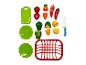 Ensemble de cuisine jouet avec fruits et légumes en plastique, planche à découper, assiettes et couteau.