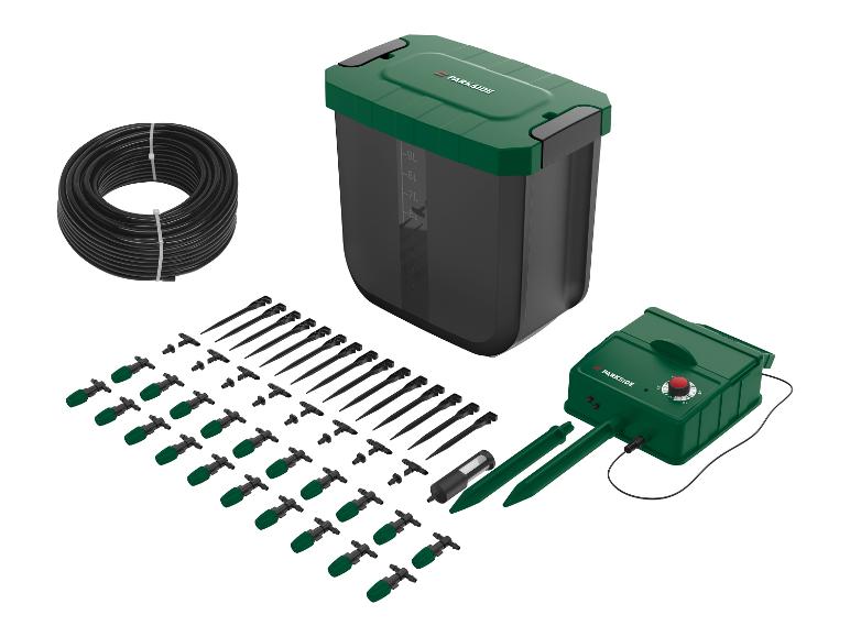 Système d'irrigation avec réservoir d'eau, tuyau, goutteurs et unité de contrôle.