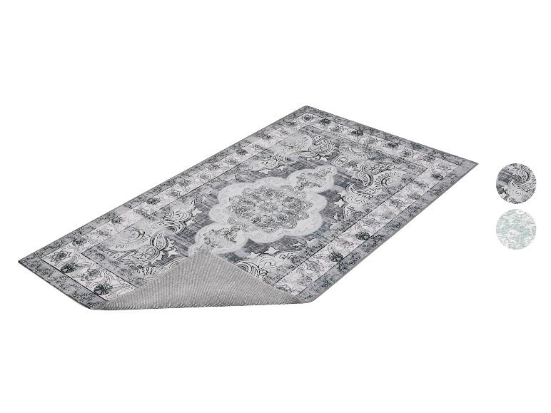 Tapis gris avec motif persan blanc et noir, avec deux échantillons de couleur.