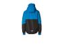 Une veste noire avec capuche et des détails bleus avec le logo de la marque.