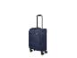 Valise de voyage bleue à quatre roues avec poignée télescopique.