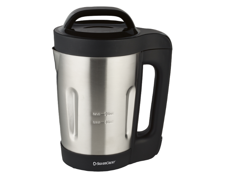 Soupière en acier inoxydable avec poignée et couvercle noirs, affichant les marques MAX-56oz et MIN-46oz.