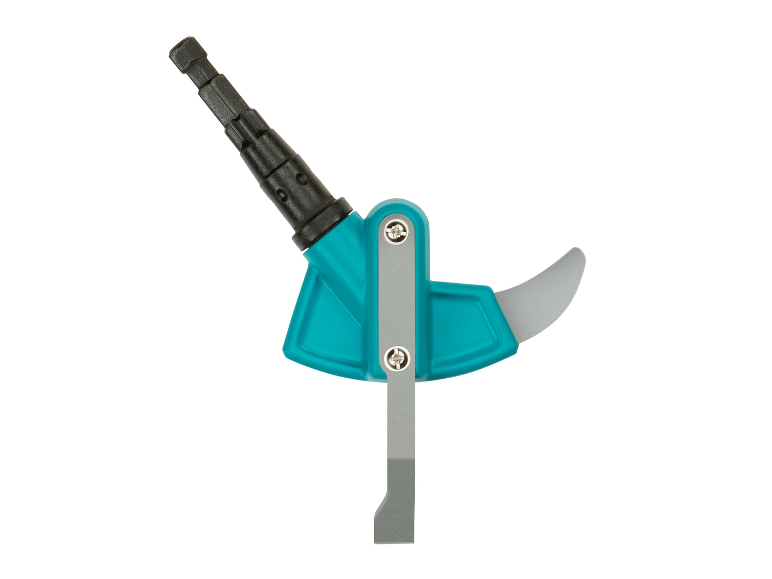 Outillage à main : coupe-bordures, lame et manche turquoise.