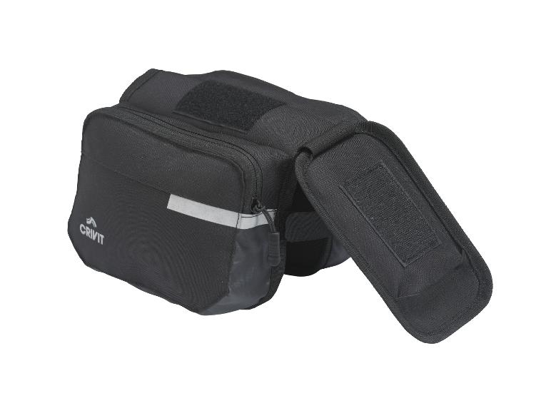 Une sacoche de vélo noire Crivit avec deux compartiments.