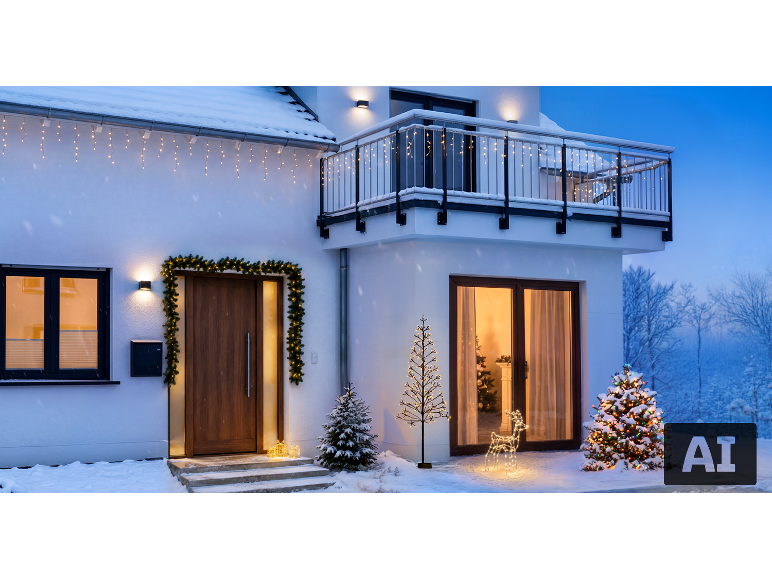 Maison avec lumières de Noël, guirlande et arbres décoratifs dans un paysage hivernal enneigé.