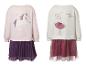 Deux robes pour enfants : une rose avec une licorne et une blanche avec une ballerine.