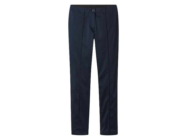 Pantalon bleu marine avec plis marqués et taille élastique.