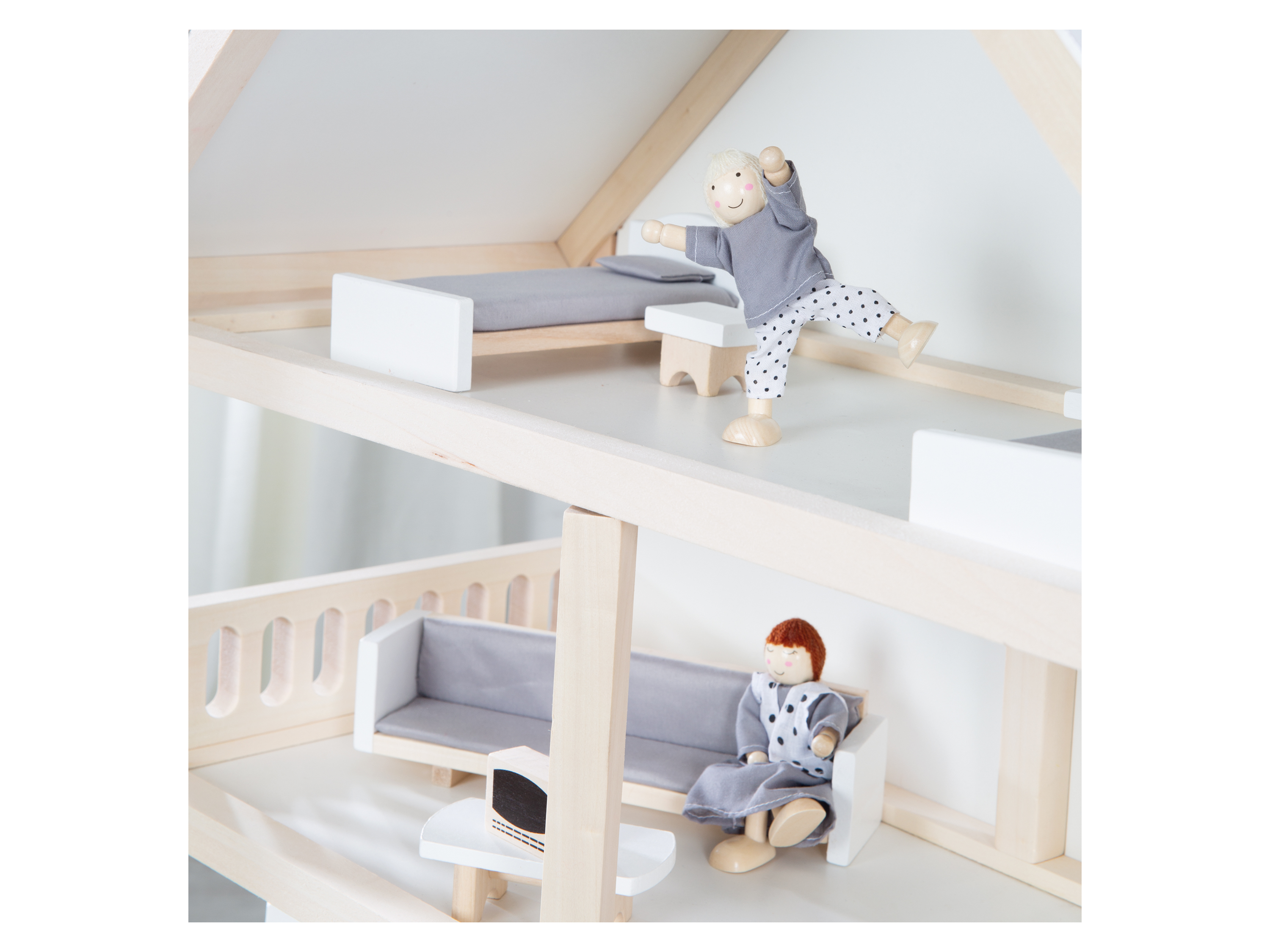 Roba Maison de poupée en bois - 3 étages avec 16 pièces de mobilier et 4 poupées - Naturel / Blanc / Beige - vue 5