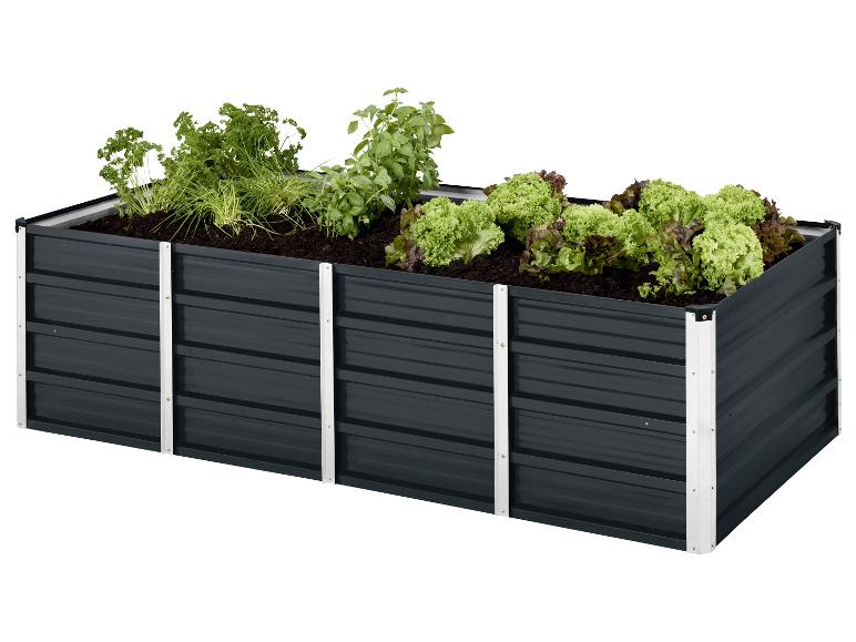 Jardinière surélevée gris foncé avec diverses herbes et laitues