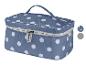 Une trousse de toilette bleue à pois blancs avec le logo Topmove.