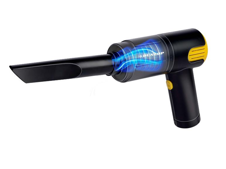 Aspirateur à main sans fil noir avec accents jaunes et flux d'air bleus