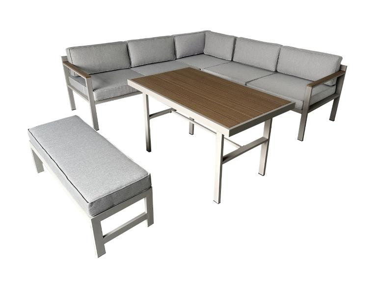 Ensemble de mobilier de jardin avec canapé d'angle, banc et table rectangulaire.