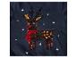 Un pull bleu marine avec un renne en paillettes et une écharpe rouge.