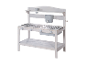 Un ensemble de cuisine en bois blanc pour enfants avec évier, cuisinière et étagère.
