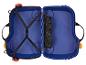 Valise bleue ouverte, sangles intérieures, compartiment textile.