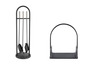 Un ensemble d'accessoires de cheminée noir avec une pelle, une brosse et un support à bois.